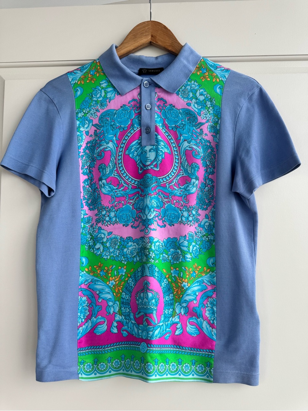 Versace Light Blue Polo with Turquoise & Pink Baroque Panel
